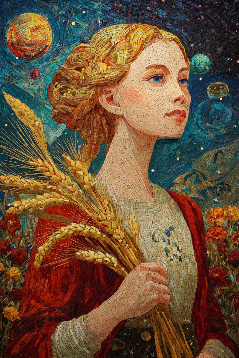Mosaique femme ble fleurs rouge bleu jaune main espace planetes etoiles univers celeste astronomie cosmique Mosaïque artistique d'une femme tenant un faisceau de blé. Elle a des cheveux dorés coiffés en vagues lâches et porte une robe rouge. Son visage est composé de petites tuiles colorées qui lui donnent une expression sereine et quelque peu éthérée. Elle a les yeux bleus et un doux sourire. Le fond est une mosaïque vibrante de tuiles bleues et vertes, avec des éléments célestes comme des planètes et des étoiles dispersées partout. Le blé qu'elle tient est représenté par des tuiles dorées et jaunes, ajoutant un sentiment de chaleur et d'abondance. La composition globale est riche en couleurs et en détails, créant une oeuvre d'art visuellement saisissante et complexe.