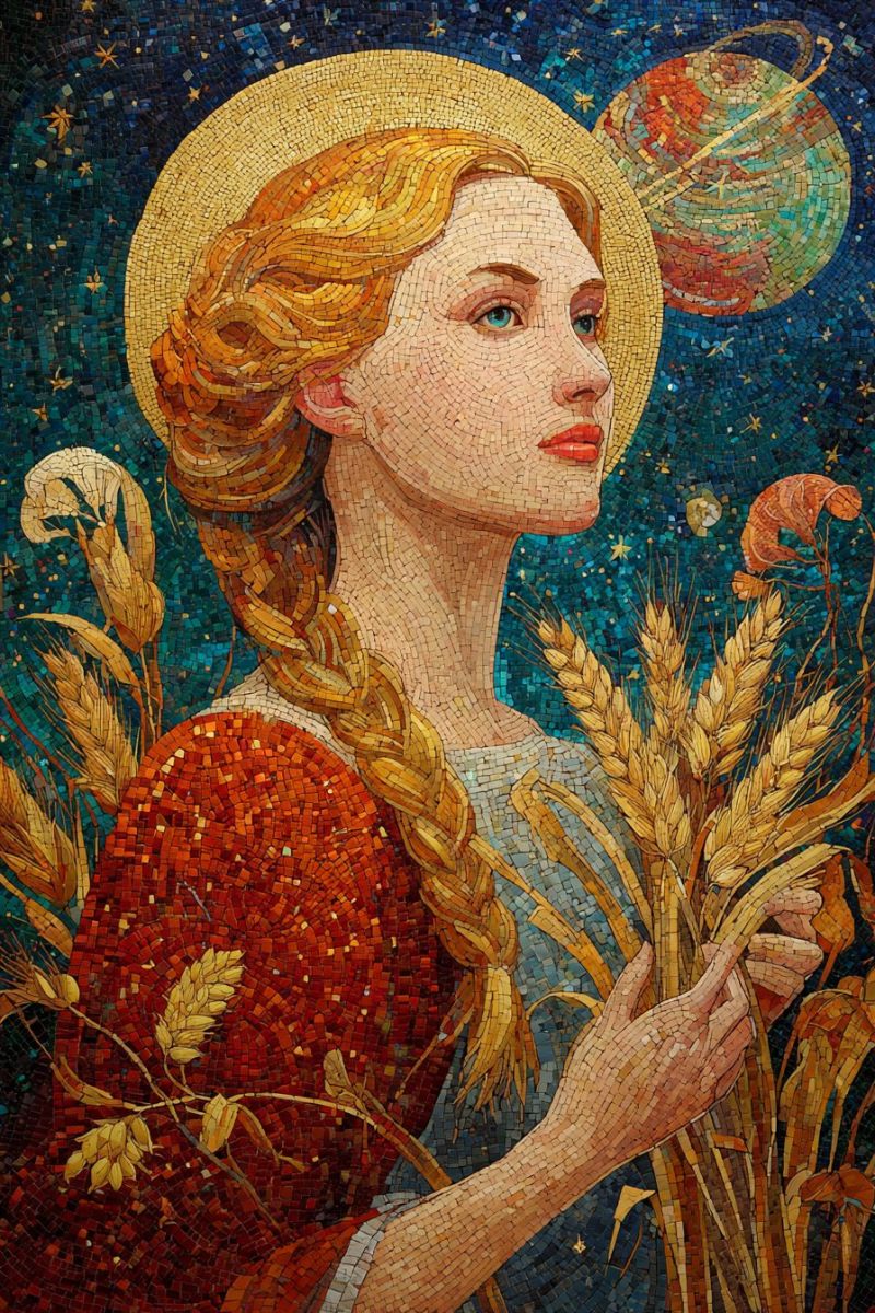 Painting mosaic woman wheat red blue yellow star planet space universe night sky flower hand ear Oeuvre en mosaïque d'une femme aux cheveux longs et tressés portant un chapeau jaune. Elle tient un faisceau de blé dans ses mains. Le fond est une mosaïque vibrante de carreaux bleus et verts, avec des étoiles et une planète avec des anneaux, peut-être Saturne, représentée dans le coin supérieur droit. Le visage de la femme est détaillé avec une expression sereine, et ses yeux sont d'un bleu saisissant. Le blé qu'elle tient est conçu de manière complexe, chaque grain et feuille étant méticuleusement fabriqué à partir de petits carreaux. La composition globale est riche en couleurs et en détails, mettant en valeur le talent de l'artiste en art de la mosaïque