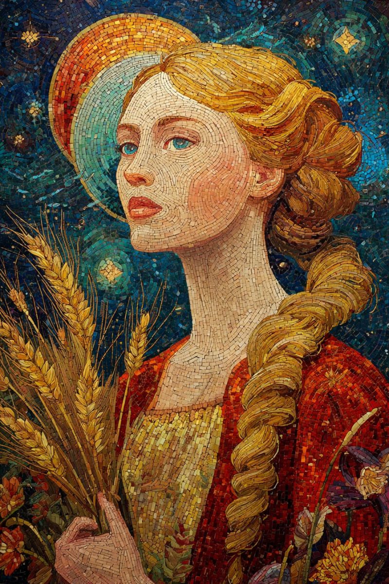 Painting woman mosaic wheat flowers star night sky dress red yellow blue green hand hairstyle braids Oeuvre en mosaïque d'une femme aux cheveux longs et tressés. Elle porte une robe rouge et un chapeau orné d'un design circulaire. Le visage de la femme est détaillé avec des yeux bleus et une expression sereine. Elle tient un faisceau de blé dans ses mains, symbolisant l'abondance et la récolte. L'arrière-plan présente un ciel nocturne étoilé avec un halo doré autour de la tête de la femme, ajoutant une qualité mystique et éthérée à l'oeuvre. La composition globale est vibrante et complexe, mettant en valeur le talent de l'artiste dans la création d'art en mosaïque détaillé et coloré