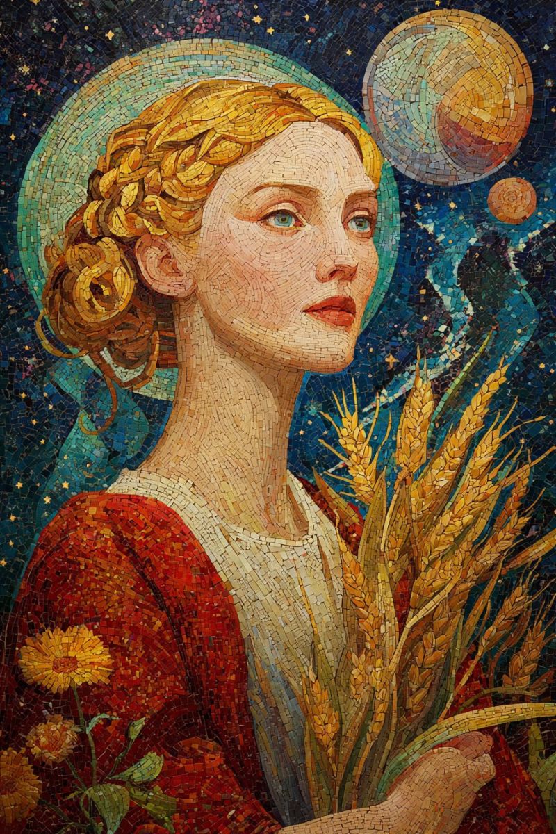 Painting mosaic woman wheat flowers red yellow green blue head hand arm dress stars planets woman with golden hair styled in a braid, wearing a red and white dress. She is holding a bundle of wheat in her hands. Her face is composed of small, colorful tiles, giving her a mosaic-like appearance. She has a serene expression and is looking to the right. Behind her, there is a circular mosaic design with a blue and green background, featuring a large yellow circle with a spiral pattern and smaller circles around it. The background is filled with stars and other celestial elements, creating a mystical and artistic atmosphere.