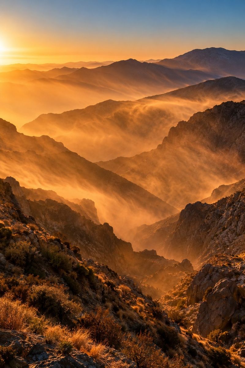 Montagnes ciel coucher soleil brouillard nuages horizon nature air collines vallee rochers vegetation lever ombres atmosphere Une vue aérienne époustouflante d'un paysage montagneux au coucher du soleil. Le soleil se couche à l'horizon, projetant une chaude lueur dorée sur la scène. Les montagnes sont recouvertes d'une couche de brouillard, créant une atmosphère mystique et éthérée. Les sommets des montagnes sont accidentés et pointus, avec des affleurements rocheux et des pentes abruptes. Les vallées entre les montagnes sont remplies d'un mélange d'herbes et d'arbustes, ajoutant une touche de vert aux tons terreux du paysage. Le ciel est d'un bleu profond, avec des notes d'orange et de rose dues au soleil couchant. L'effet général en est un d'émerveillement et d'émerveillement, comme si le spectateur se trouvait au bout du monde et regardait une nature sauvage et vaste.