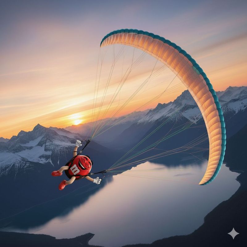 Parapente montagne lac coucher soleil ciel aventure nature eau reflexion parachutisme parachute neige horizon nuages air liberte chaine Une image d'un personnage ressemblant au mascotte des M&M's, vêtu d'une tenue rouge avec un casque, parapente au-dessus d'un lac serein. Le personnage sourit et semble apprécier le vol. La voile de parapente est grande, avec un design bleu et jaune, et elle est attachée au personnage par des cordes. L'arrière-plan présente une majestueuse chaîne de montagnes aux sommets enneigés, et le ciel est peint avec les chaudes teintes d'un coucher de soleil. L'eau en dessous est calme, reflétant les couleurs du ciel et des montagnes environnantes.