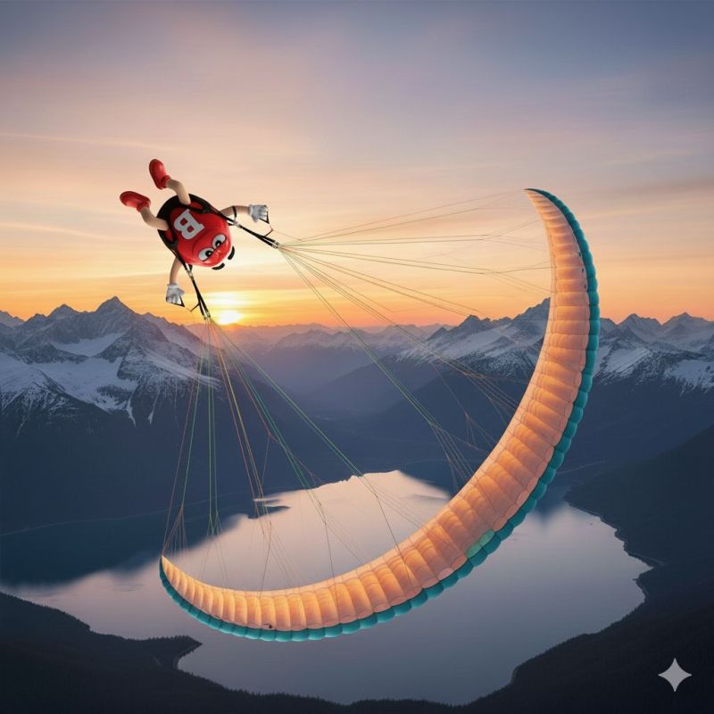 Paragliding sky mountains lake sunset adventure parachute flying nature skydiving outdoors travel exploration scenic horizon skyline atmosphere extrem a character wearing a red and white costume with the letter 