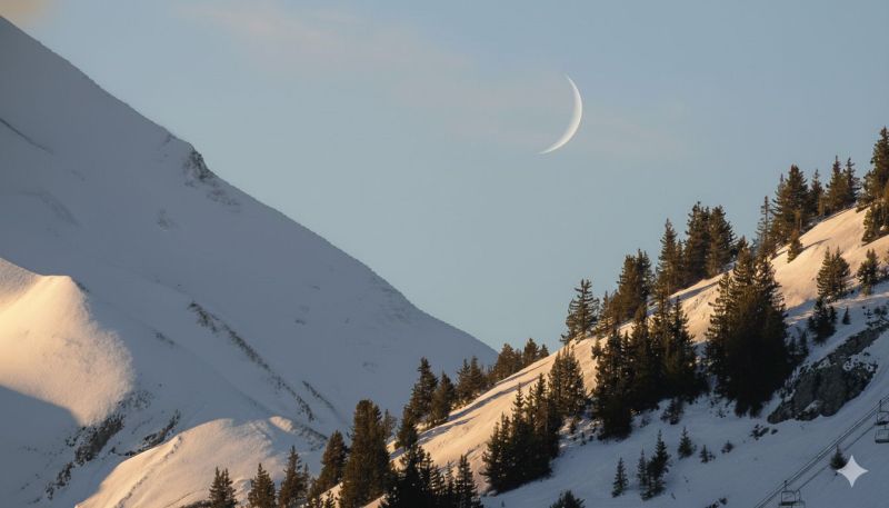 Mountain sky snow tree hill winter cloud sun sunrise sunset nature forest pine rock valley peak glacier glaciers mountains a crescent moon is visible in the sky above a snowy mountain landscape. The moon is positioned towards the upper right corner of the image. The mountain is covered in snow, and there are pine trees scattered across the slopes. The trees are evergreen, with a mix of green and brown hues. The sky is a soft blue, and the shadows of the trees and mountains are cast onto the snow, creating a serene and picturesque scene.