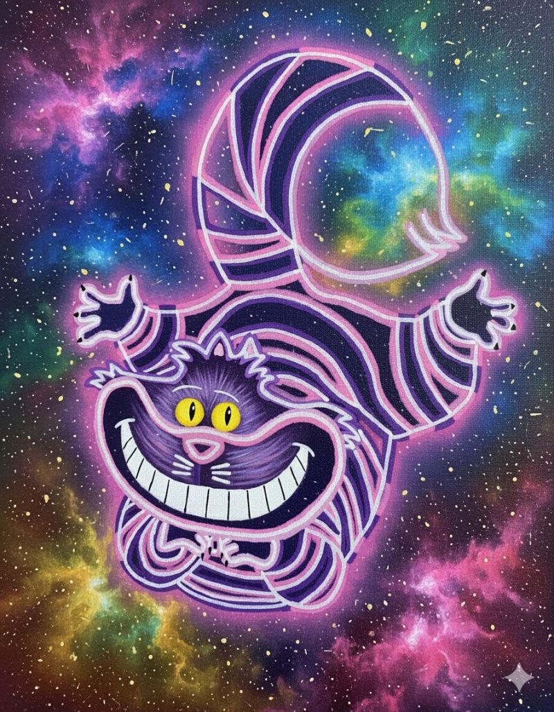 Chat cheshire sourire rayures violet jaune yeux espace galaxie etoiles nebuleuse anime imagination fantaisie creatif Personnage fantaisiste et coloré, ressemblant au Chat du Cheshire de 