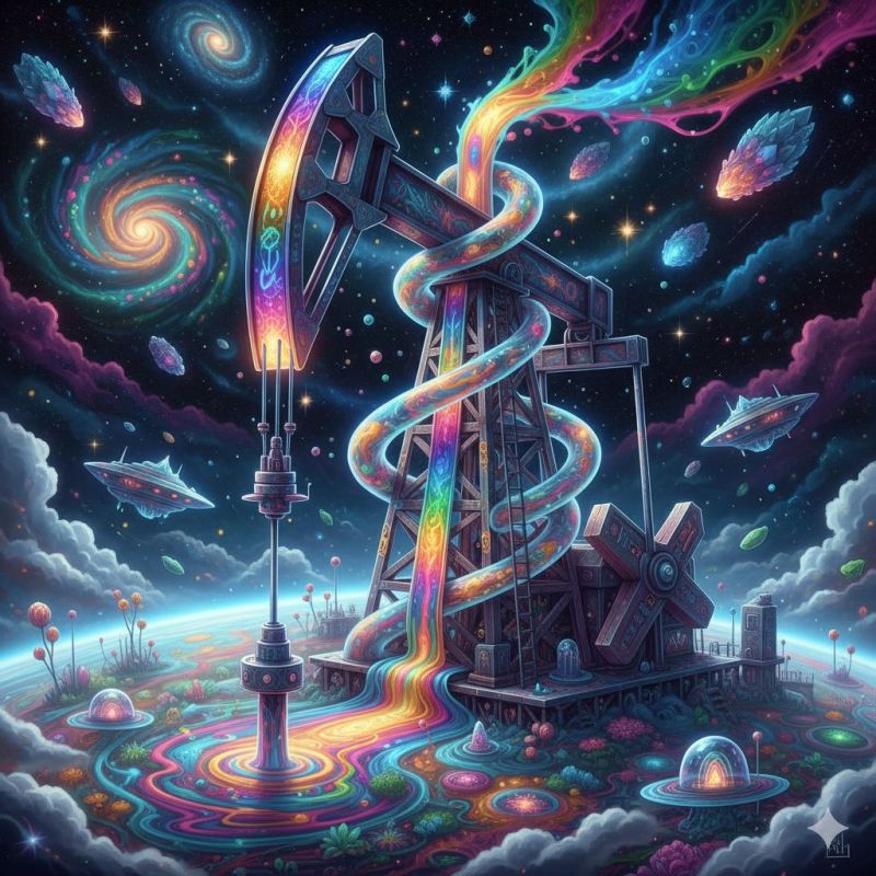 Space alien ufo galaxy planet spaceship rocket star nebula asteroid comet meteor cosmic extraterrestrial celestial astronomy cosmology exploration tra In the center, a large oil pump stands tall, its structure metallic and intricate. Rainbow-colored liquid flows from the pump, creating a spiral pattern that descends towards the ground. Surrounding the pump, the landscape is a blend of vibrant colors and fantastical elements. On the left, a spiral galaxy with swirling colors of blue, green, and purple dominates the sky. To the right, a UFO hovers, its sleek design contrasting with the whimsical surroundings. The background is a deep, starry night sky filled with various celestial bodies, including stars, planets, and meteors. Below, the ground is dotted with colorful plants, mushrooms, and small, glowing orbs. The overall scene is a surreal mix of industrial machinery and otherworldly beauty.