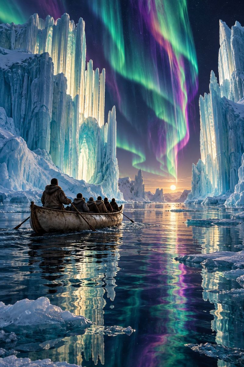 Boat canoe canoeing canoeist canoeists In the foreground, a traditional boat with a group of people is navigating through icy waters. The boat is made of wood and has a simple design. The people are dressed warmly in furs and jackets, indicating a cold environment. The sky above is a stunning display of the aurora borealis, with vibrant colors of green, purple, and pink dancing across the night sky. The aurora lights up the icy landscape, casting a magical glow on the surrounding icebergs and the water. The icebergs are massive and intricately shaped, reflecting the colors of the aurora. The sun is setting in the distance, adding a warm golden hue to the scene. The water is calm, with gentle ripples reflecting the colors of the sky and the icebergs.