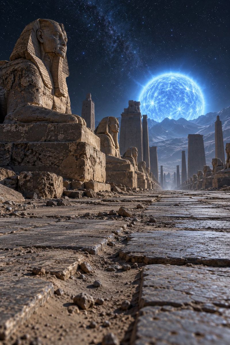 Ancient architecture astronomy blue building city classical desert egypt egyptian civilization culture history mythology pharaoh sculpture statue vast, ancient stone pathway lined with large, weathered statues of pharaohs, each with a lion-like body and a human head. The statues are seated and appear to be guarding the path. The ground is uneven, with scattered rocks and patches of dirt. In the background, there are tall, slender stone pillars, some of which are partially broken. The sky is dark, filled with stars, and there is a large, glowing blue planet in the distance, casting a soft light over the scene. The overall atmosphere is serene and mysterious, with a sense of ancient history and grandeur.