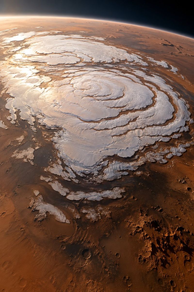 Mars planet space aerial exploration astronomy extraterrestrial geology science nasa satellite orbit craters water climate solar system red dust storm vast, arid landscape with a prominent spiral pattern of white and grayish-white ice formations. These ice formations are scattered across the reddish-brown terrain, creating a striking contrast. The ice appears to be in various shapes and sizes, with some resembling jagged edges and others forming smooth, rounded shapes. The overall scene is bathed in a soft, golden light, possibly from the sun, which casts long shadows and highlights the intricate details of the ice formations. The sky above is dark, suggesting it is either early morning or late afternoon. The landscape is barren, with no visible vegetation or water bodies, emphasizing the harsh and desolate nature of the environment.