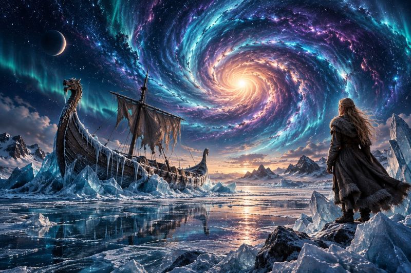 Bateau glace iceberg islande islandais cheval chevaux poneys poney mouton berger bergers Au premier plan, un navire viking repose sur une mer gelée, sa coque recouverte de glace et de neige. Le navire a une tête de dragon à la proue, et ses voiles sont déchiquetées et déchirée. À droite, une personne aux longs cheveux se tient sur un affleurement rocheux, contemplant le navire. Derrière le navire, une galaxie tourbillonnante aux couleurs vives de bleu, violet et jaune domine le ciel. La galaxie a un centre brillant, et le ciel est rempli d'étoiles et d'aurores. Au loin, des montagnes sont en silhouette contre le ciel coloré.
