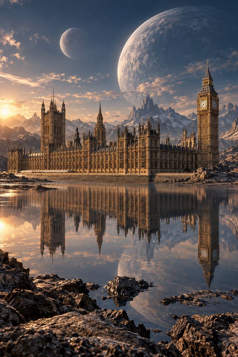 Architecture building castle city clock clocktower country culture day destination england fantasy big ben tower flag london united kingdom wallpaper grand architectural structure resembling the Palace of Westminster, with its iconic clock tower, Big Ben, prominently displayed. The building is set against a back of majestic mountains, with a large, glowing planet visible in the sky. The scene is bathed in the warm, golden light of the setting sun, casting long shadows and reflections on the calm water in front of the palace. The water reflects the towering structure and the sky, creating a serene and picturesque view. The overall atmosphere is one of grandeur and tranquility, with the majestic palace and the celestial body adding to the awe-inspiring nature of the scene.