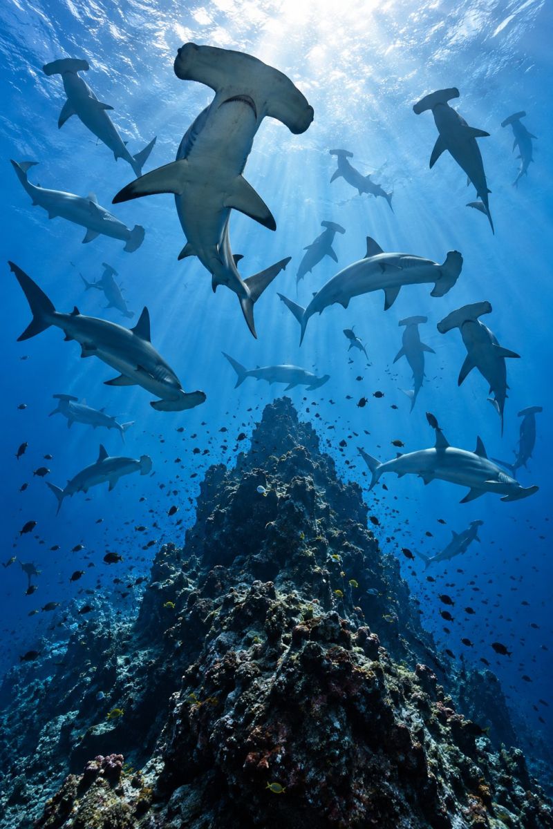 Ocean sous marin poissons soleil baignade predateur faune aquatique nature biodiversite ecosysteme exploration plongee conservation requin marteau req Un groupe de requins-marteaux nage dans un océan d'un bleu profond, la lumière du soleil filtrant à travers l'eau, illuminant la scène. Les requins ont une tête caractéristique en forme de marteau et nagent en formation circulaire autour d'un récif corallien. Le récif est couvert de divers coraux et de petits poissons, ce qui contribue au dynamisme de l'écosystème sous-marin. L'eau est claire, ce qui permet d'avoir une vue détaillée de la vie marine.
