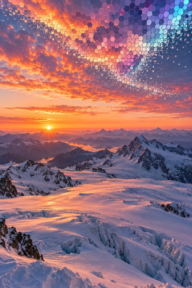 Sunset mountains sky clouds snow nature glacier ice rock valley horizon reflection pattern design geometric breathtaking sunset over a mountainous landscape. The sky is awash with vibrant hues of orange, pink, and purple, creating a dramatic and colorful backdrop. The sun is setting on the horizon, casting a warm glow over the snow-covered mountains and valleys below. The mountains are jagged and steep, with some areas showing signs of erosion and ice formations. The foreground is dominated by a vast expanse of snow, reflecting the sunset's colors and adding to the serene and majestic atmosphere. The overall scene is a stunning blend of natural beauty and artistic elements, with the sunset and mountains creating a picturesque and awe-inspiring view.