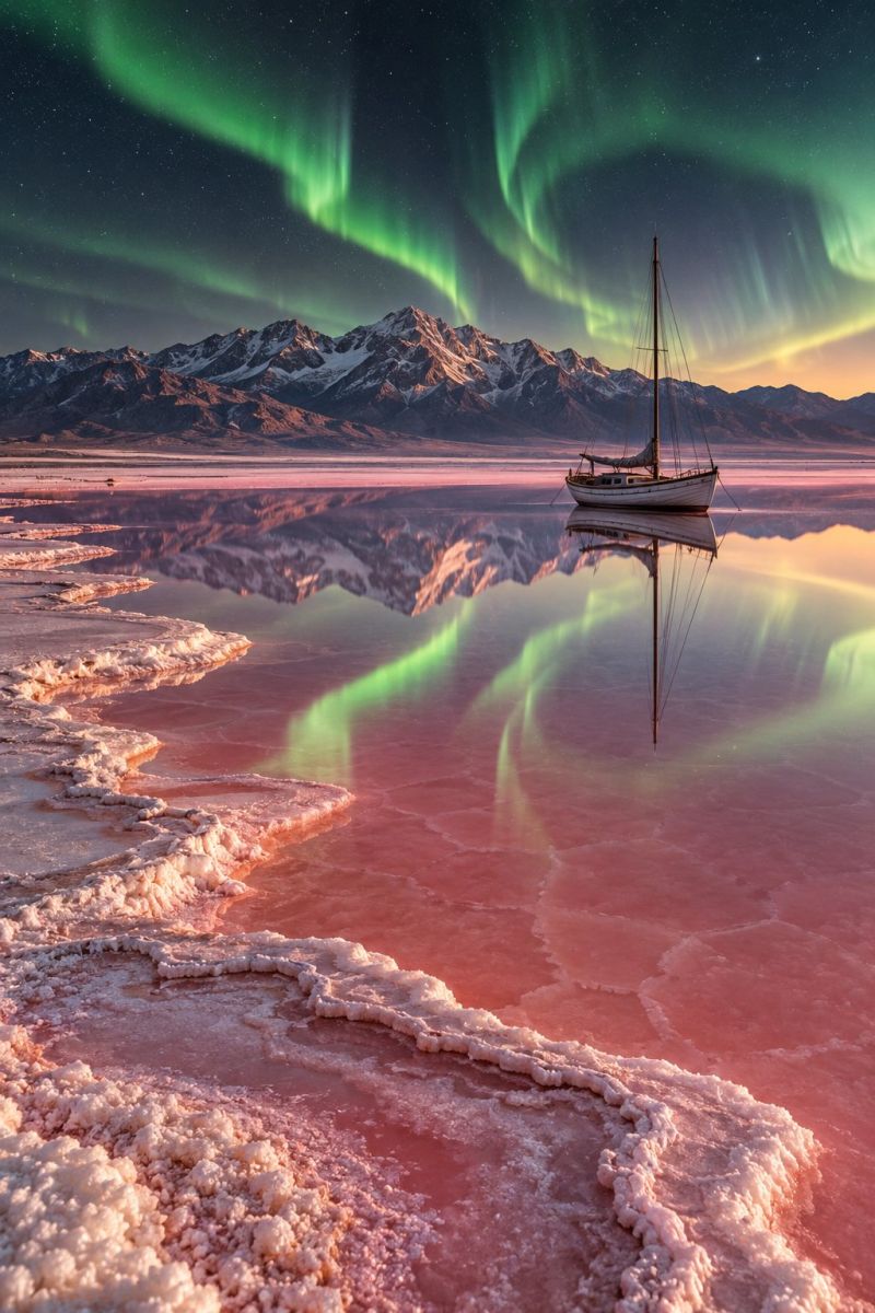 Lac eau reflet bateau ciel nuit montagne aurore neige coucher soleil beaute nature air un petit voilier flotte sur un plan d'eau, un lac ou une mer. L'eau a une teinte rosée, probablement due à la présence de certains minéraux ou d'algues. Le ciel au-dessus est sombre et les aurores boréales, également connues sous le nom d'aurores boréales, l'illuminent de teintes vertes et jaunes éclatantes. Les aurores se reflètent à la surface de l'eau, créant un effet fascinant et surréaliste. En arrière-plan, des montagnes enneigées contribuent au paysage serein et pittoresque. La scène d'ensemble est une démonstration époustouflante de la beauté de la nature, avec l'interaction des couleurs et des reflets créant une atmosphère magique et surnaturelle.
