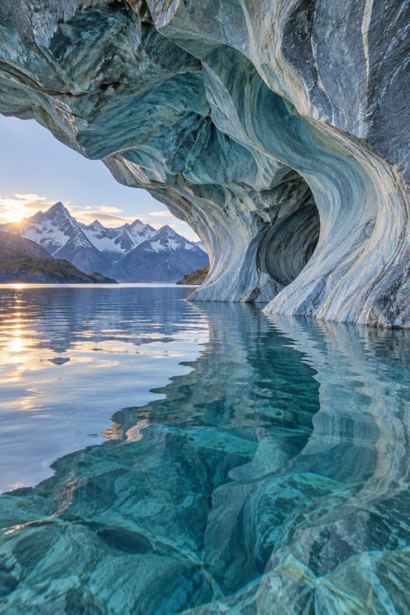 Lac eau reflet grotte rocher montagne ciel soleil lever coucher L'image montre une formation naturelle époustouflante, une grande structure en marbre ressemblant à une grotte, située au bord d'un lac serein. L'entrée de la grotte est large et voûtée, les murs et le plafond présentant des motifs et des textures complexes. L'eau du lac est limpide et reflète le ciel et le paysage environnant. En arrière-plan, de majestueuses montagnes enneigées se dressent, leurs sommets baignés par la douce lumière du soleil couchant. Le ciel au-dessus est un mélange de bleu et de teintes chaudes du coucher de soleil, créant une scène à couper le souffle et tranquille.