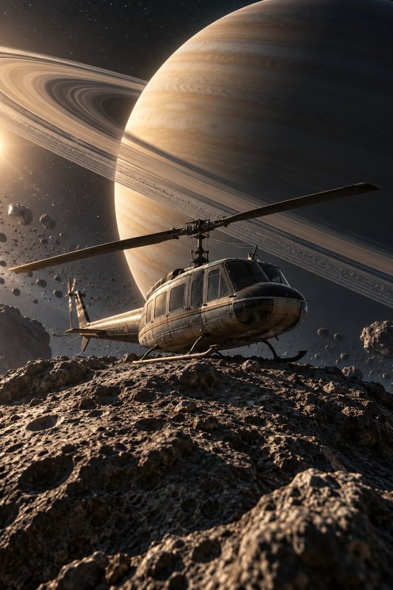 Helicopter space planet moon rock sky spaceship spacecraft travel exploration station shuttle flight mission adventure odyssey journey design An old, weathered helicopter is perched on a rocky surface, possibly a moon or asteroid, with its landing skids touching the ground. The helicopter has a long, thin tail rotor and a large, round rotor on top. In the background, a large planet with a ring system is visible, along with a bright star and scattered rocks. The sky is dark, and the scene is illuminated by the light from the star and the planet.