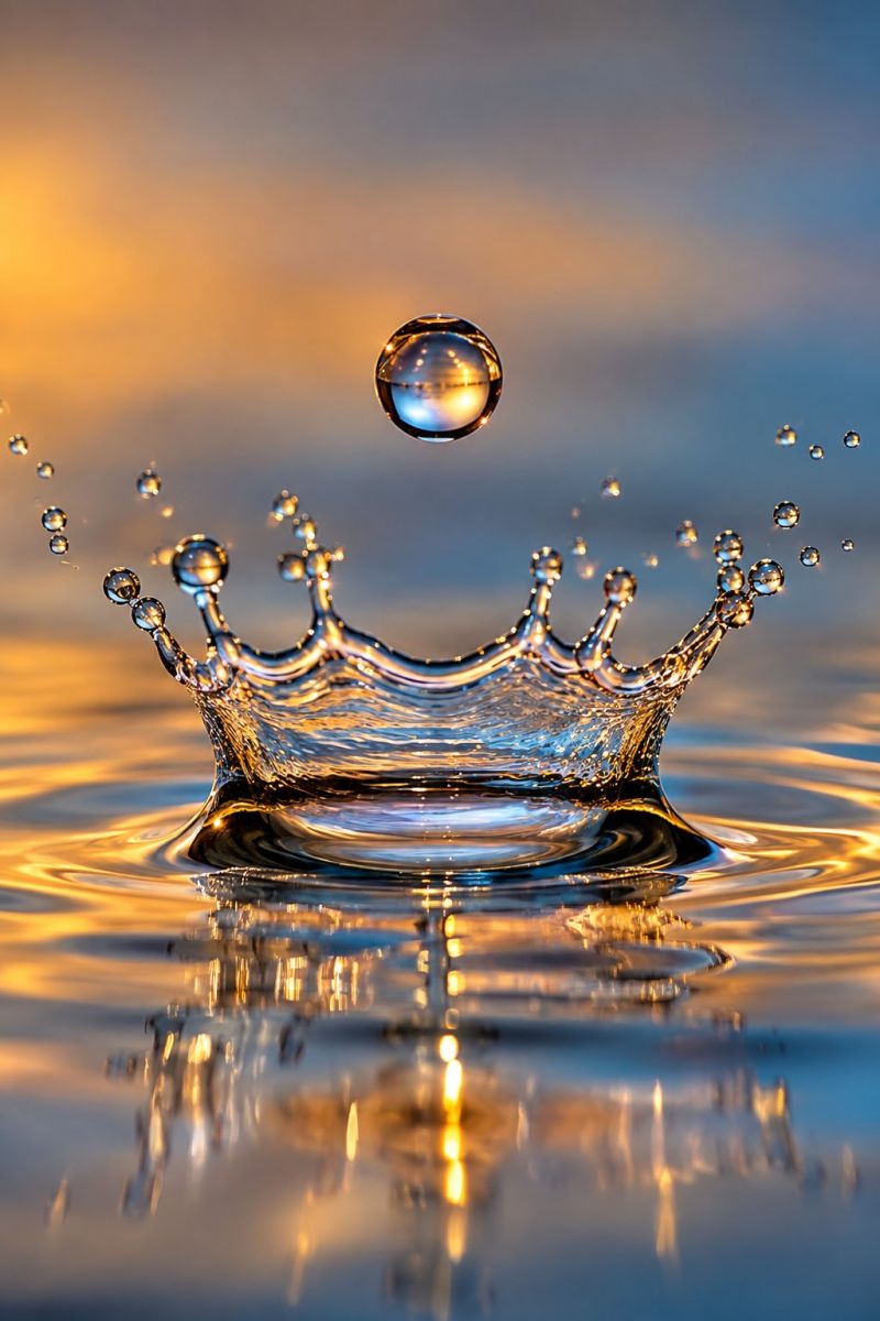 Eau eclaboussure liquide gouttelette reflexion Une gouttelette d'eau éclabousse un plan d'eau, créant un motif semblable à une couronne entourée de petites gouttelettes. La gouttelette au centre est grosse et claire, reflétant le ciel au-dessus. L'eau est calme et les éclaboussures sont illuminées par une lumière chaude et dorée, provenant peut-être du soleil. Le fond est un dégradé de bleu et de jaune, suggérant un coucher ou un lever de soleil.