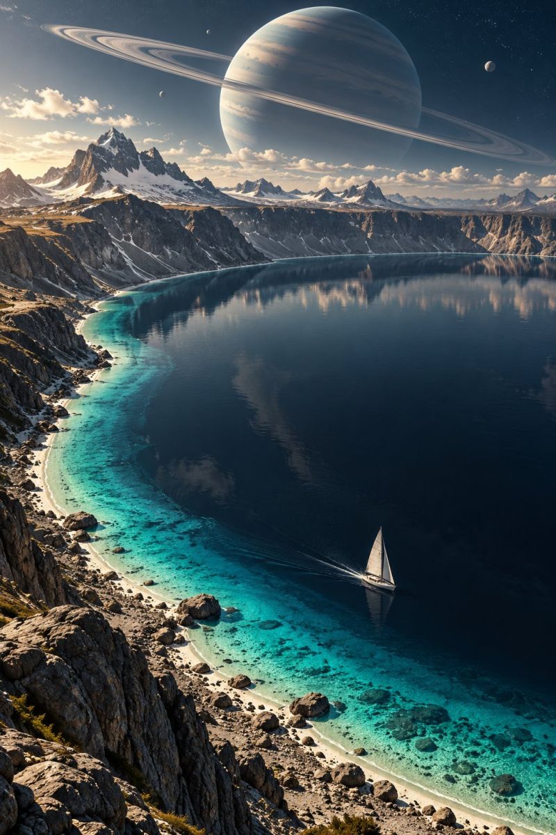 Planete espace ciel montagne eau lac mer roche nuage soleil reflet rivage sable plage bateau voile Une vue aérienne d'une plage sereine avec un voilier naviguant sur les eaux bleues claires. La plage a un rivage sablonneux avec des rochers épars et une falaise rocheuse sur la gauche. L'eau est calme et reflète le ciel, qui est bleu avec quelques nuages. Au loin, il y a une grande planète avec des anneaux, peut-être Saturne, et d'autres corps célestes comme des lunes et des étoiles. Les montagnes en arrière-plan sont couvertes de neige, ce qui ajoute au paysage pittoresque.