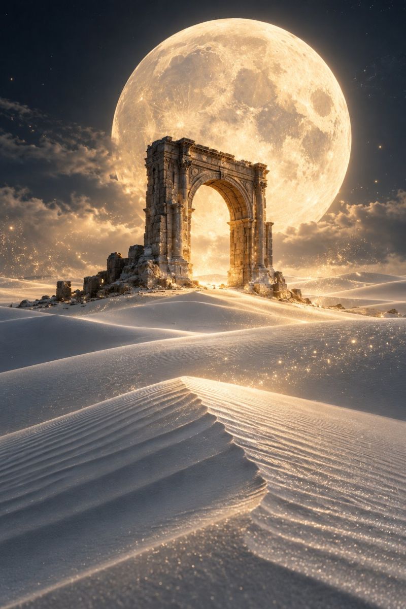 Desert moon sand arch ruins night sky ancient architecture history travel exploration adventure mystery wonder nature shadow texture In the foreground, a vast expanse of sand dunes stretches out, their surfaces shimmering with a golden hue under the moonlight. The sand dunes are gently undulating, creating a wave-like pattern that extends towards the horizon. In the middle ground, an ancient stone archway stands, its weathered stones hinting at a long history. The arch is set against the back of a full moon, which is brilliantly illuminated, casting a soft, ethereal glow over the entire scene. The sky above is a deep, dark blue, dotted with faint stars and a few wispy clouds that seem to be illuminated by the moon's light. The overall atmosphere is serene and timeless, with the moonlight adding a magical quality to the landscape.