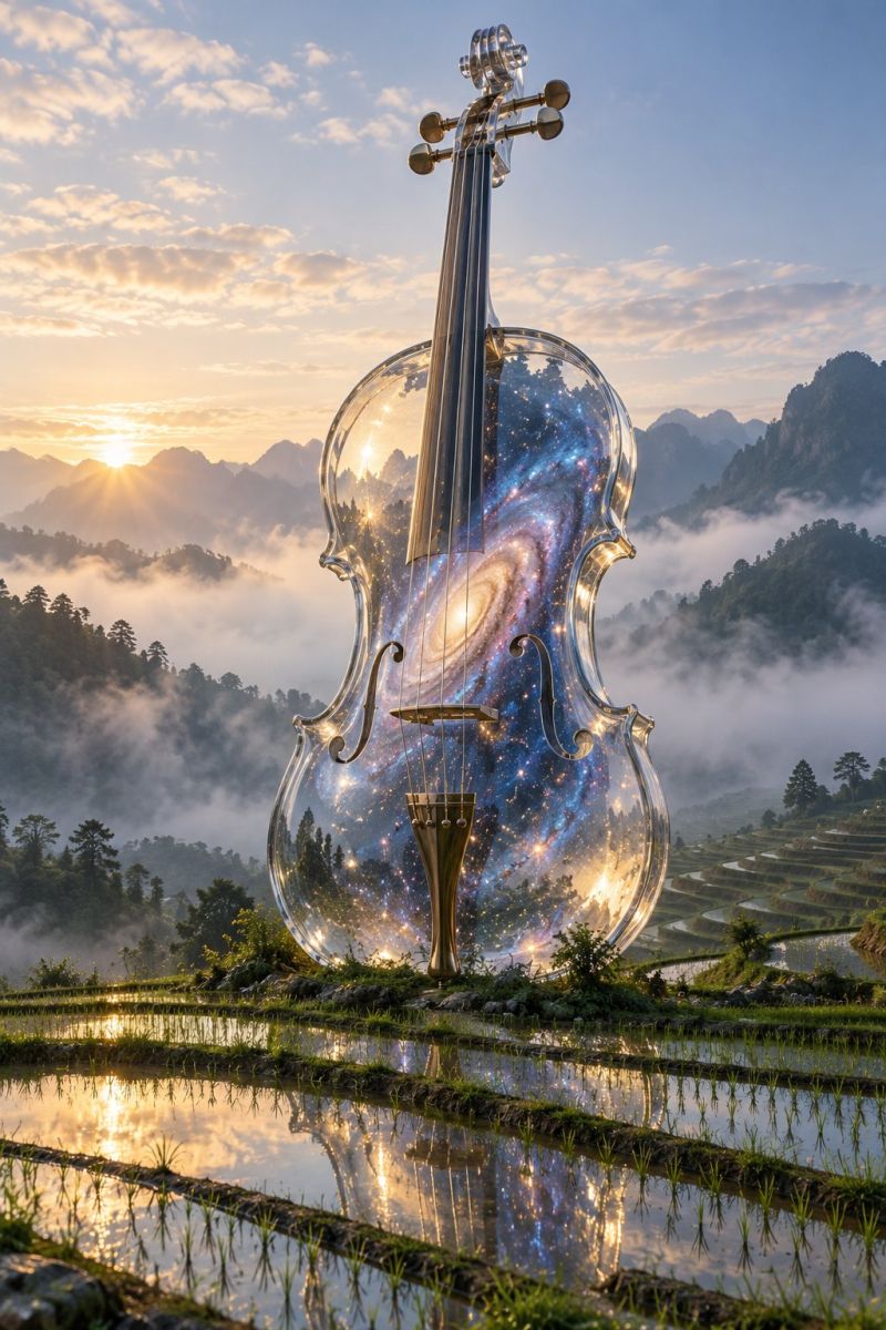Violon cosmique rizieres image picture photograph A large, transparent violin stands prominently in a serene rice field, reflecting the sky and clouds. The violin's body is filled with a vibrant, swirling galaxy, creating a mesmerizing contrast against the natural backdrop. The rice field is neatly arranged in rows, with water reflecting the sky and clouds. In the distance, mountains are partially obscured by fog, and the sun sets behind them, casting a warm glow over the scene.