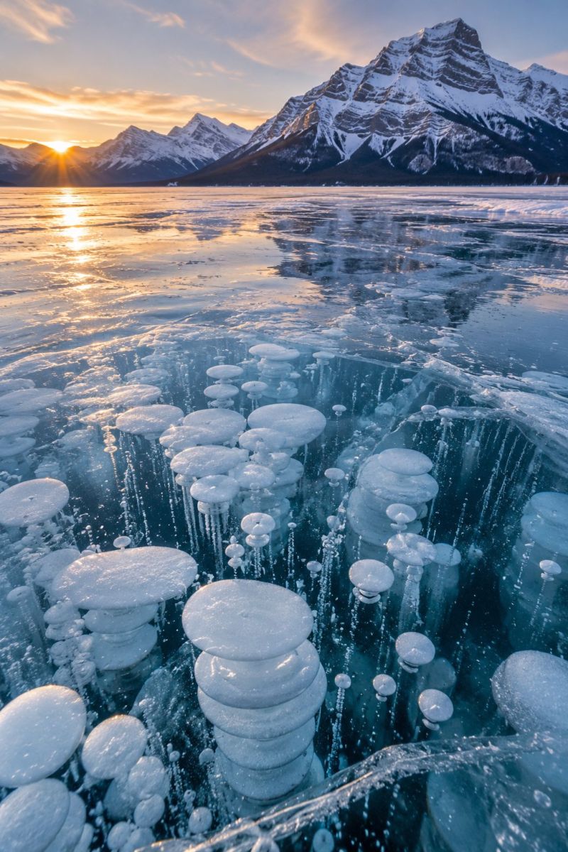 Lake water ice mountain snow sky sun reflection bubbles winter nature outdoors cold frozen sunrise sunset horizon clouds rocks The image captures a serene and icy landscape at sunset. In the foreground, numerous ice bubbles of varying sizes float on the surface of a frozen lake, creating a whimsical and otherworldly scene. The bubbles are transparent and filled with water, giving them a delicate, almost ethereal appearance. The water beneath is calm and reflects the sky, which is painted with hues of orange and pink from the setting sun. In the background, a majestic mountain range covered in snow stands tall, its peaks silhouetted against the vibrant sky. The overall atmosphere is tranquil and magical, with the interplay of light and ice creating a captivating visual experience.