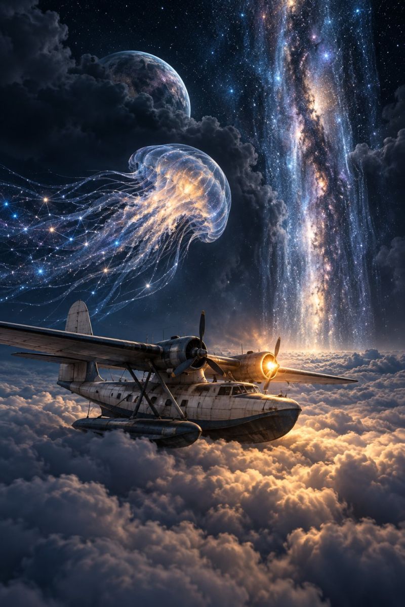 Avion astronomie atmosphere nuages cosmos obscurite reve reves terre fantaisie fiction galaxie imagination jet nuit ciel Un hydravion à l'ancienne survole les nuages la nuit. L'avion a deux hélices de chaque côté, et l'hélice avant brille de mille feux. L'avion est entouré d'une créature rougeoyante ressemblant à une méduse avec de longues et fines vrilles. À l'arrière-plan, il y a une grande planète avec une atmosphère sombre et nuageuse et une galaxie brillante et brillante. Le ciel est rempli d'étoiles et la scène est illuminée par une lumière vive.