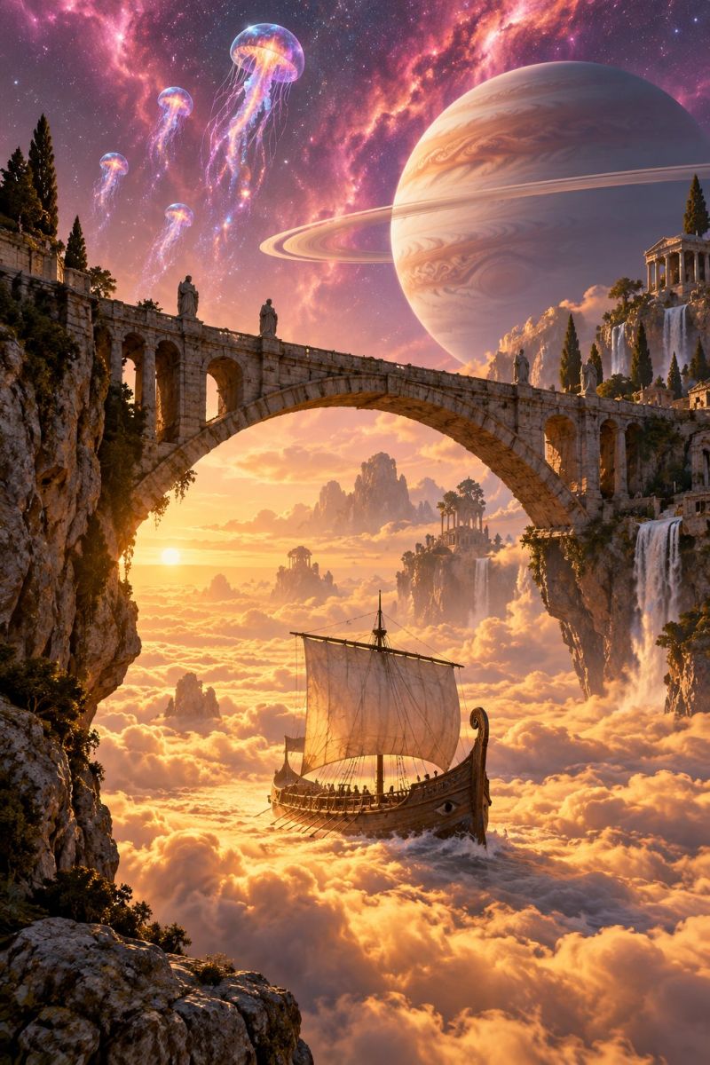 Bridge cloud clouds fantasy fictional imaginary island mountain ocean painting planet rock ship world A large, ancient stone bridge arches over a vast expanse of clouds, with a Viking ship sailing through the mist below. The ship is filled with people, and it has a white sail. The bridge is adorned with statues and has a grand, majestic appearance. In the background, a large planet with rings and a setting sun is visible, accompanied by floating jellyfish. The sky is a mix of orange and purple hues, creating a surreal and fantastical atmosphere.