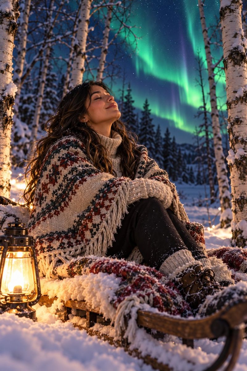 Woman sled snow lamp night autumn A woman sits on a sled in a snowy forest, wrapped in a patterned blanket, gazing up at the sky where the Northern Lights dance. She wears a cozy sweater and boots, with a lantern glowing beside her. The trees around her are bare and dusted with snow, and the sky is a deep blue with vibrant green and purple hues from the aurora.