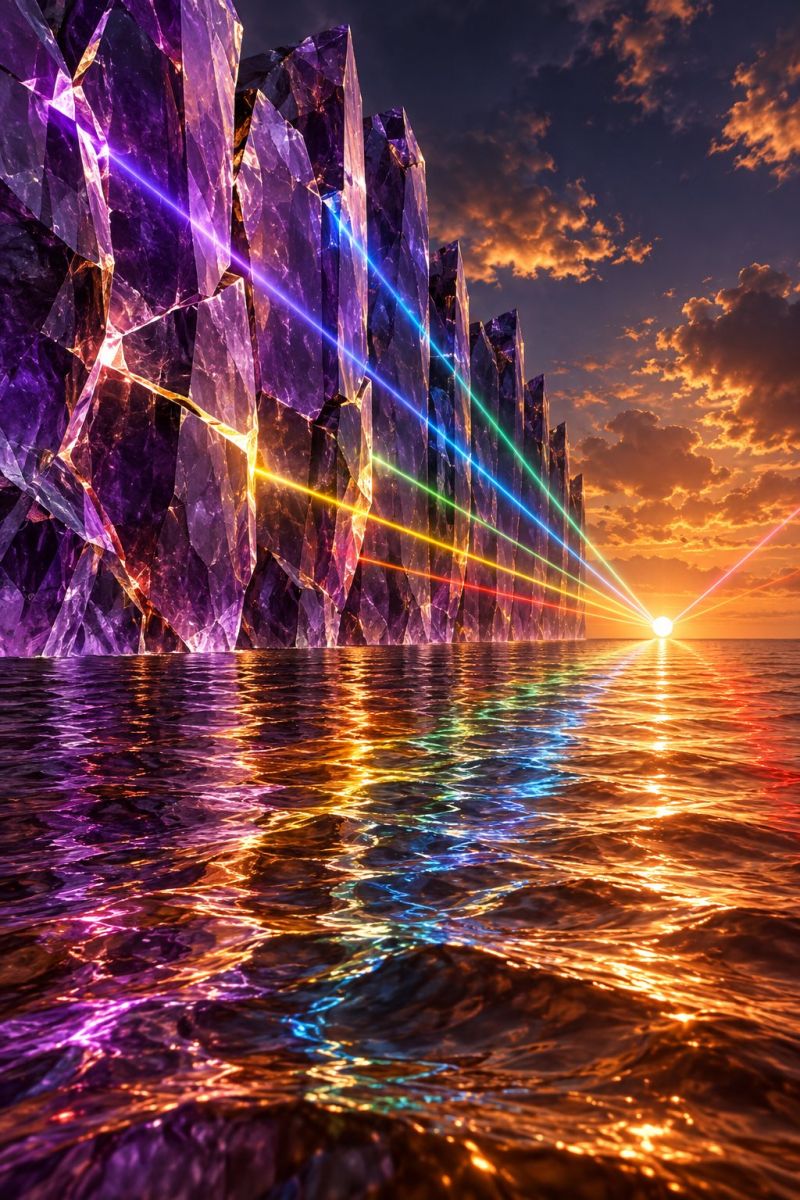 Cristaux roches cristal roche scène dramatique avec une grande falaise dentelée faite de structures cristallines qui reflètent un spectre de couleurs. La falaise est illuminée par des faisceaux de lumière de différentes couleurs, notamment le violet, le bleu, le vert, le jaune et l'orange, qui semblent émaner du soleil couchant. Le soleil lui-même est partiellement visible, projetant une lueur chaude sur la scène. L'eau au premier plan est calme et reflète les couleurs des faisceaux lumineux, créant un effet vibrant et surréaliste. Le ciel au-dessus est un mélange de bleus profonds et d'oranges chaudes, ce qui suggère l'heure du coucher du soleil.