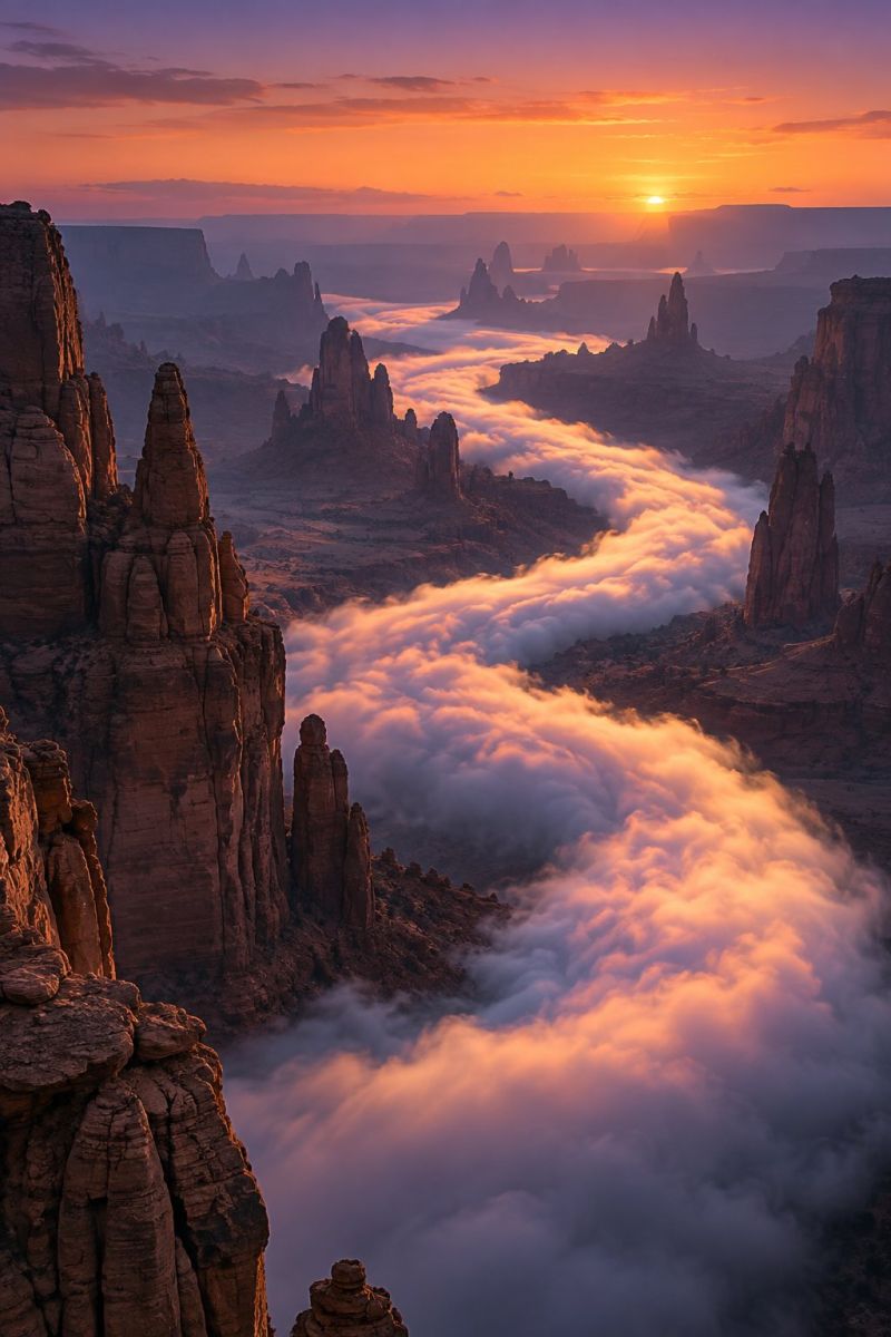 Aerial atmosphere beauty clouds colorful desert geology mountains nature outdoors rock scenery scenic sky sunset travel The image captures a breathtaking sunset over a vast desert landscape. The sun is setting on the horizon, casting a warm, golden light across the scene. The sky is a mix of deep oranges, pinks, and purples, creating a stunning gradient. Below, the desert is filled with rugged, rocky formations and sharp, jagged cliffs. In the foreground, there are large, towering rock spires that rise dramatically from the ground. The clouds in the sky are illuminated by the setting sun, creating a dramatic and ethereal effect. The overall scene is one of natural beauty and grandeur, with the desert landscape stretching out into the distance.