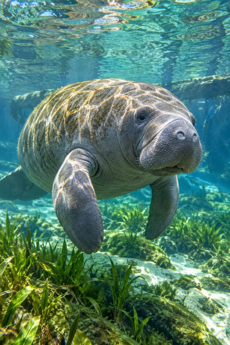 Animal aquatique plage calme littoral floride eau douce habitat lac lamantin milieu marin mammifere faune claire sources vie Un lamantin, un grand mammifère aquatique gris, nage gracieusement dans des eaux claires et peu profondes. Son corps est recouvert d'une épaisse couche de peau avec des cicatrices visibles et des plaques d'algues. La tête du lamantin est légèrement relevée et ses yeux sont ouverts et regardent vers le haut. L'eau est remplie de plantes aquatiques vertes et la lumière du soleil filtre à travers, créant une scène sous-marine sereine.