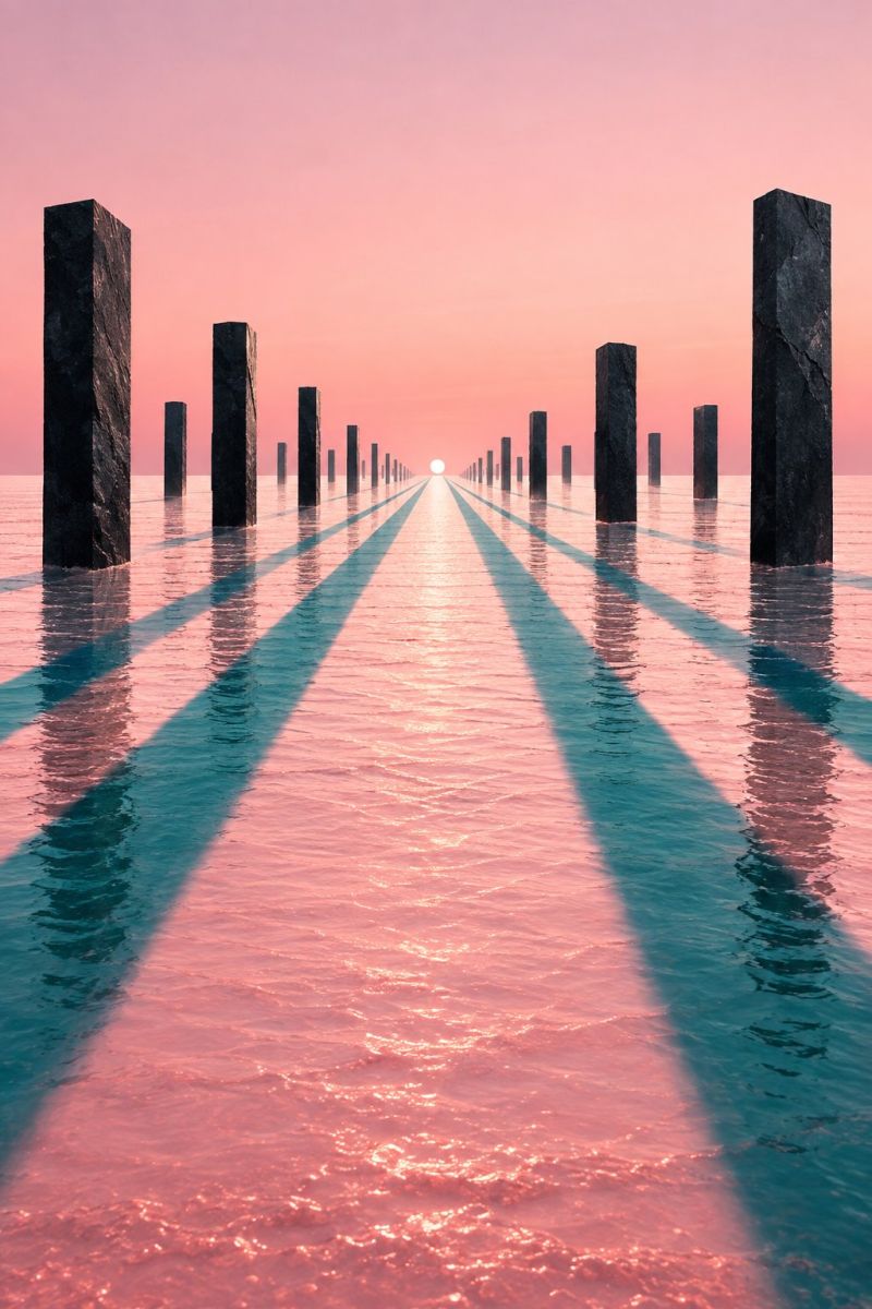 Eau ciel coucher soleil reflet horizon mer ocean rose bleu ombre nature marin nuages vagues plage lever scène sereine et presque surréaliste d'un plan d'eau, peut-être un lac ou une mer, avec une teinte rosée. L'eau est calme et reflète le ciel, d'un rose tendre, évoquant l'aube ou le crépuscule. Au milieu de l'eau, il y a une rangée de grands piliers rectangulaires sombres, régulièrement espacés et dressés. Les piliers projettent de longues ombres sur l'eau, qui sont nettement définies et s'étendent vers l'horizon. Le ciel au-dessus est un dégradé de rose, passant d'une teinte plus claire en haut à une teinte rose plus foncée plus près de l'horizon. L'atmosphère générale est tranquille et quelque peu surnaturelle, l'eau et le ciel créant un cadre harmonieux et paisible.