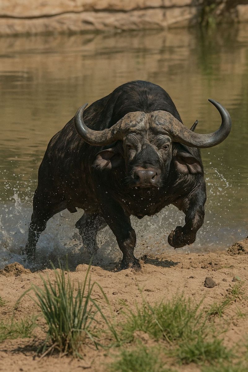 Buffalo animal faune nature eau riviere boue course cornes tete herbe sol soleil ombre mouille eclaboussures sauvage Un grand buffle africain noir, musclé, court à travers des eaux peu profondes, ses sabots projetant des éclaboussures. Le buffle a une robe épaisse et brillante et des cornes proéminentes et recourbées. Sa tête est baissée et il semble concentré sur quelque chose devant lui. L'eau est calme, reflétant le ciel et l'environnement environnant. Le sol est un mélange de sable humide et d'herbe, avec quelques petits rochers visibles.