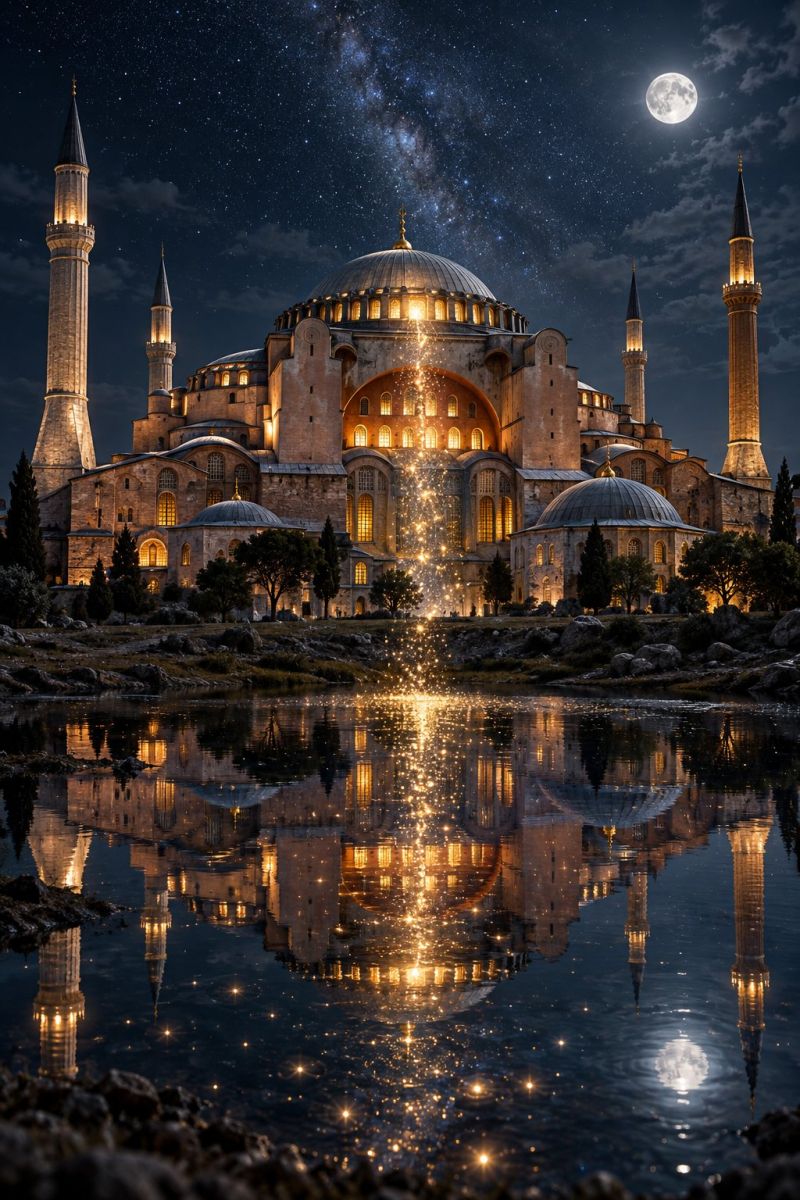 Architecture building dome evening istanbul mosque night reflection sky star structure temple tourism tourist water hagia sophia museum turkey the Hagia Sophia, a historic mosque and museum in Istanbul, Turkey, illuminated at night. The building's grand dome and multiple minarets are prominently featured, with warm lights highlighting its intricate architectural details. The reflection of the building and its lights shimmer on the calm water in front of it, creating a serene and magical atmosphere. The night sky is filled with stars, and a full moon is visible, adding to the enchanting scene. The overall composition is symmetrical, with the building's reflection mirrored perfectly in the water below.