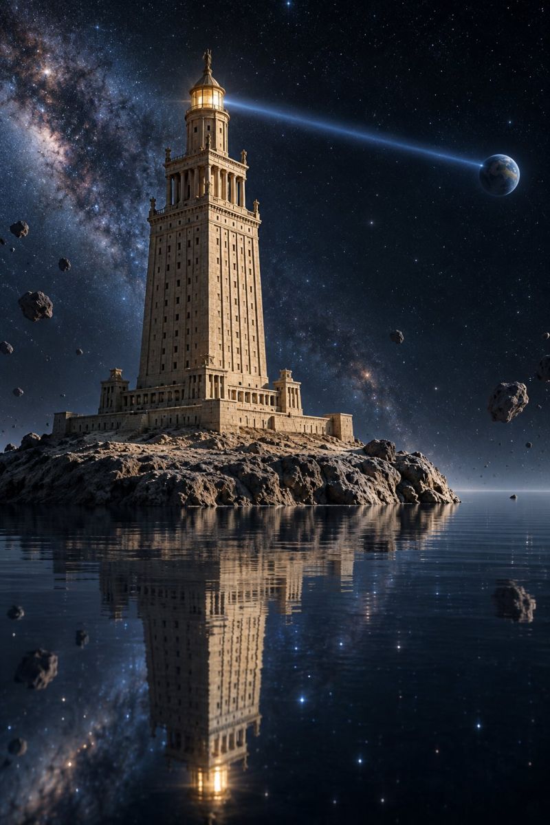 Tower lighthouse architecture building sky night space galaxy planet star reflection water rock ocean astronomy cosmos universe celestial outer A tall, majestic lighthouse stands on a rocky island in the middle of a calm sea. The lighthouse is illuminated from within, casting a warm glow that reflects off the water. The structure is surrounded by a dark, starry sky filled with distant stars and a large, glowing planet. The water is calm and mirrors the lighthouse and the sky, creating a serene and otherworldly atmosphere.