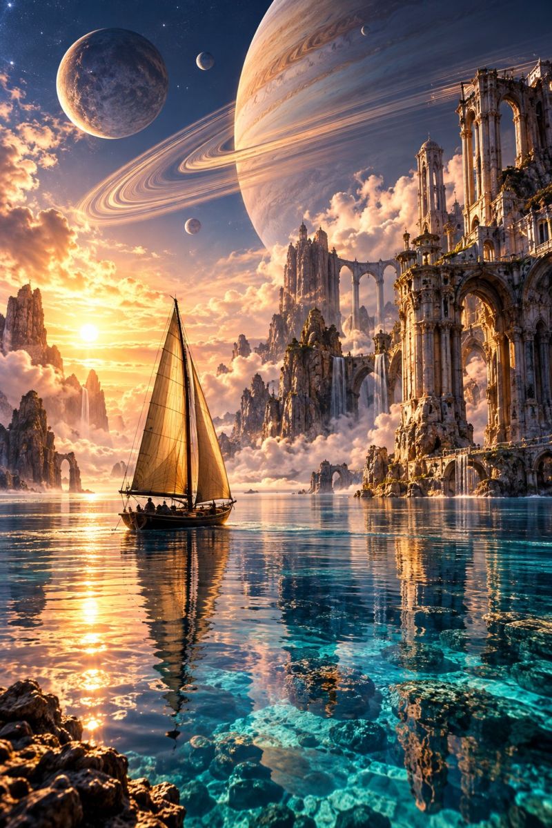 Space planet universe astronomy cosmos galaxy star moon celestial cosmic solar system outer starry night exploration In the foreground, a sailboat glides smoothly across a serene, crystal-clear body of water. The sailboat has a tall mast with a billowing sail catching the gentle breeze. The water reflects the vibrant colors of the sky and the surrounding landscape. On the right side, there are majestic ruins of an ancient structure, with arches and columns standing tall against the back of a setting sun. The sun's rays cast a warm, golden glow over the scene, highlighting the intricate details of the ruins and the sailboat. In the background, a stunning celestial view unfolds with several planets and moons floating in space. The largest planet, with its prominent rings, dominates the scene, accompanied by other celestial bodies that add to the surreal and otherworldly atmosphere. The sky is a blend of deep blues and warm oranges, creating a breathtaking sunset effect.
