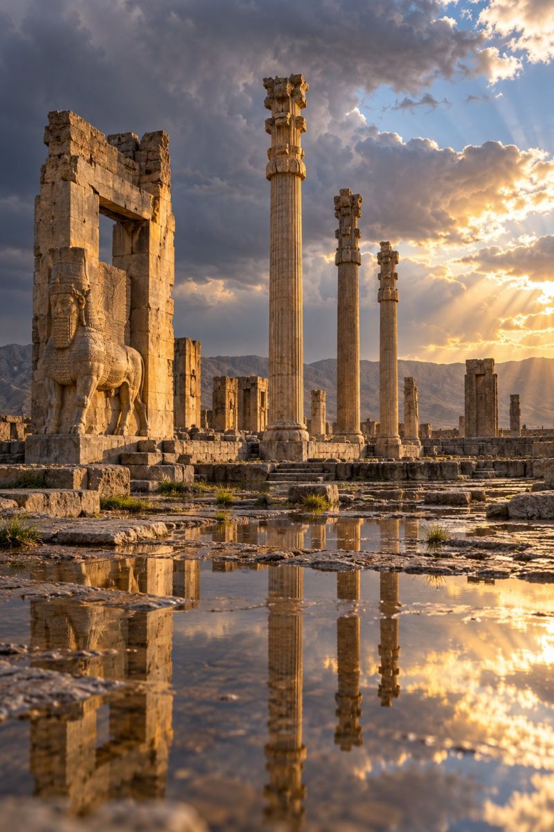 Ruines architecture ancien histoire persan perse empire culture civilisation les ruines de l'ancienne ville de Persépolis, située dans l'Iran moderne. La scène se déroule au coucher du soleil, avec un ciel spectaculaire rempli de nuages et de rayons de soleil perçant. Les ruines se composent de plusieurs hautes colonnes et arches en pierre patinée, dont certaines présentent des sculptures complexes. Au premier plan, il y a une grande structure en pierre sur laquelle sont gravées une tête humaine et une statue de cheval. Le sol est irrégulier, avec des plaques d'herbe et des flaques d'eau reflétant les ruines et le ciel. Au loin, les montagnes sont visibles, ce qui ajoute à l'atmosphère majestueuse et historique de la scène.