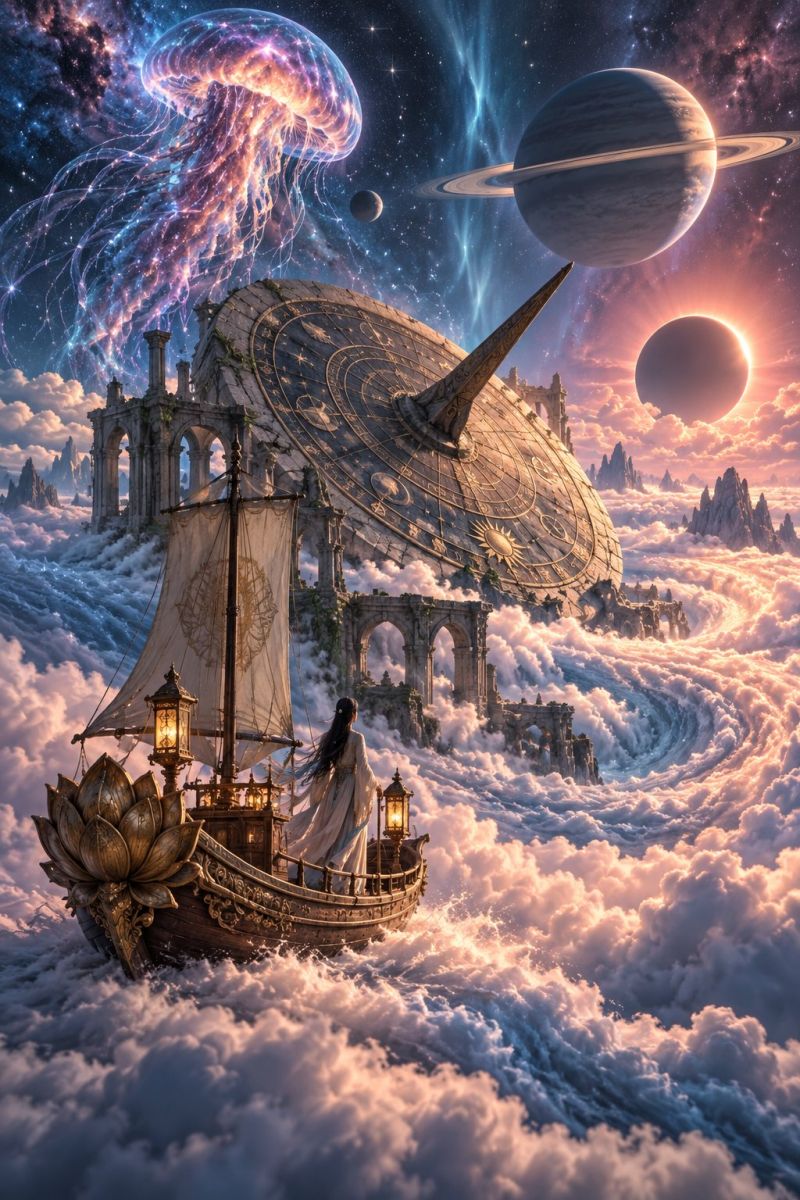 Space ship fantasy clouds planet universe star sky imagination architecture bridge lamp sail helm helmet helmsman helmswoman In a surreal scene, a boat with a golden lotus design at the front sails through thick clouds. A woman stands at the front of the boat, holding a lantern. Behind the boat, a large, circular structure with a spiral design floats in the sky. To the left, a large jellyfish with glowing tendrils floats near a planet with rings. To the right, a large planet with a sunset glow is visible. In the background, there are ruins and mountains.