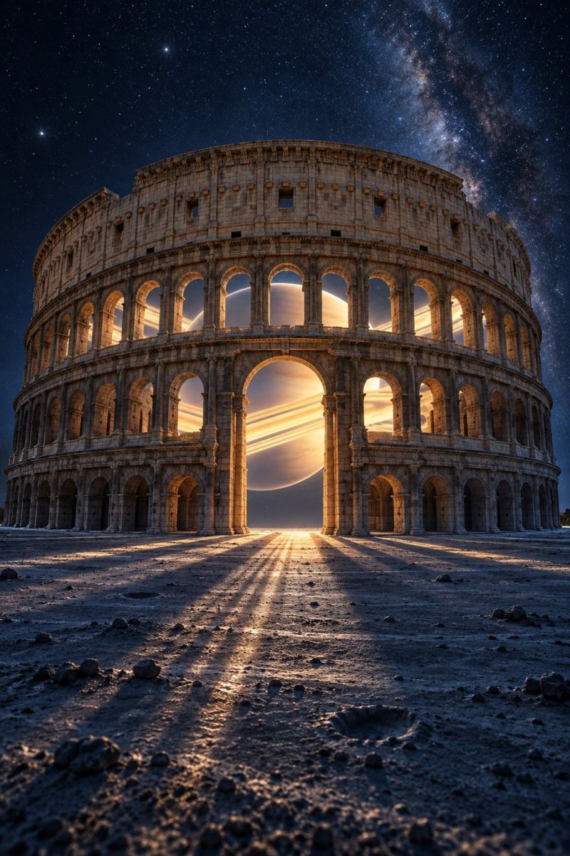 Architecture batiment ville classique ruines temple Le Colisée de Rome se dresse bien en vue sous un ciel nocturne rempli d'étoiles. Les arches de l'ancien amphithéâtre sont illuminées par une lumière chaude et dorée qui projette de longues ombres sur le sol. Le ciel au-dessus est d'un bleu profond, parsemé d'étoiles, et présente une remarquable Voie lactée. La structure du Colisée est en pierre, avec de nombreuses fenêtres cintrées et une grande ouverture centrale. Le sol devant le Colisée est rocheux et aride, avec des pierres éparpillées. La scène est baignée d'une lumière sereine, presque magique, créant une atmosphère dramatique et impressionnante.