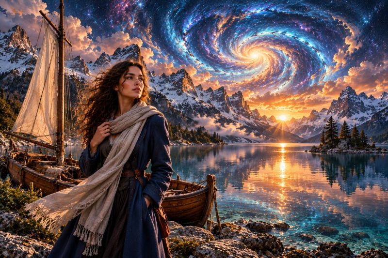 Femme bateau lac montagne ciel coucher soleil eau nuage reflexion nature mer arbre rocher echarpe robe main voile tissu Une femme aux longs cheveux bouclés se tient au bord d'un lac, portant une longue robe bleue et un foulard beige. Elle regarde vers la droite, peut-être le coucher du soleil. Derrière elle, un petit bateau à voile blanche est amarré sur le rivage. Le lac est calme, reflétant le ciel et les montagnes. Le ciel est un mélange de teintes orange et bleues, avec un motif de galaxie en spirale. En arrière-plan, il y a des montagnes enneigées et une silhouette d'arbres.