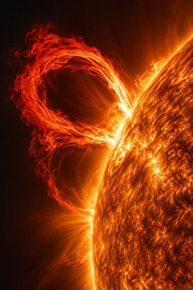 Soleil solaire feu torche chaleur energie electricite centrale electrique alimentation source production transmission distribution reseau ligne le Soleil à l'apparence ardente et dynamique. La surface du Soleil est d'un orange et d'un jaune éclatants, avec des motifs tourbillonnants et des vrilles ardentes s'étendant vers l'extérieur. Ces vrilles sont lumineuses et semblent bouger, ce qui donne l'impression d'une intense activité solaire. Le fond est sombre, ce qui met en valeur les caractéristiques lumineuses et éclatantes du soleil. L'effet global est celui d'un corps céleste puissant et énergique, dont la surface est constamment en mouvement.