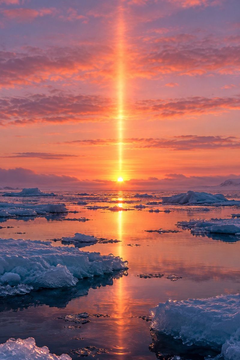 Sunset ocean ice water sky reflection clouds mountains horizon glacier iceberg nature polar sea sun travel breathtaking sunset over a vast, icy ocean. The sun is setting on the horizon, casting a warm, golden light across the scene. The sky is a deep orange and pink, with wispy clouds that catch the light. A striking vertical beam of sunlight pierces through the clouds, creating a dramatic effect. The ocean is calm, with icebergs floating in the water, their surfaces reflecting the colors of the sunset. The overall atmosphere is serene and majestic, capturing the beauty of nature at its finest.