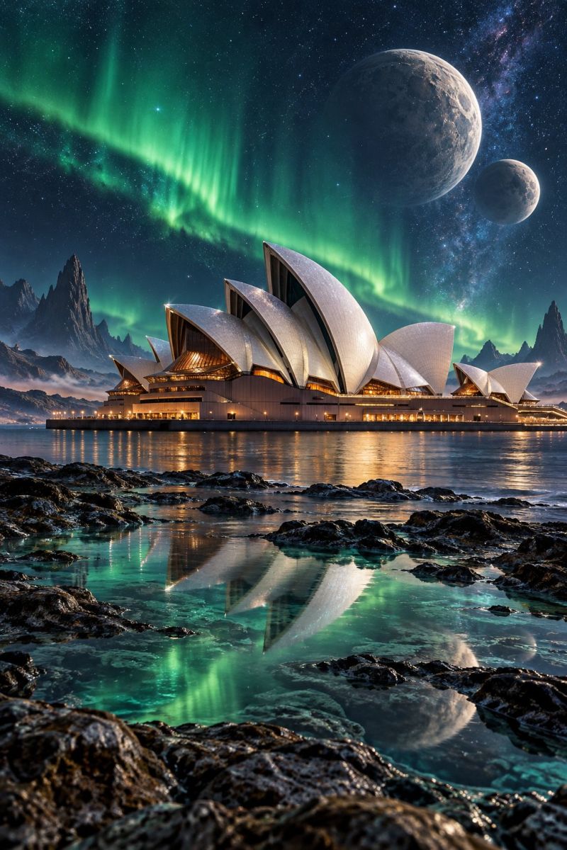 Architecture australia australian building city cityscape contemporary design destination fantasy fictional futuristic modern sydney painting opera The Sydney Opera House is beautifully illuminated at night, with its iconic sail-like structures reflecting in the calm water. The water is a deep blue, with reflections of the lights from the building and the aurora borealis in the sky. The aurora borealis, with its vibrant green and pink hues, stretches across the sky, creating a magical atmosphere. Two large planets are visible in the sky, one larger than the other, adding to the surreal and otherworldly feel of the scene. The foreground is rocky, with some rocks partially submerged in the water, and the background features a mountainous landscape.