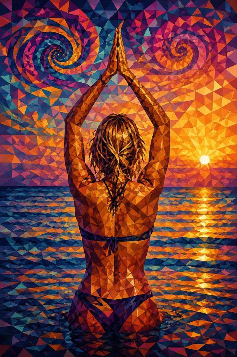 Beach colorful contemporary design geometric modern mosaic ocean pattern reflection sunset texture water A woman stands in the ocean, her back to the viewer, in a yoga pose with her hands raised above her head. She wears a bikini, and her hair flows freely. The background is a vibrant, abstract geometric pattern in shades of blue, orange, and purple, with a sunset in the distance. The sun is partially visible, casting a warm glow on the water and the woman's body. The water reflects the colors of the sunset and the geometric pattern.