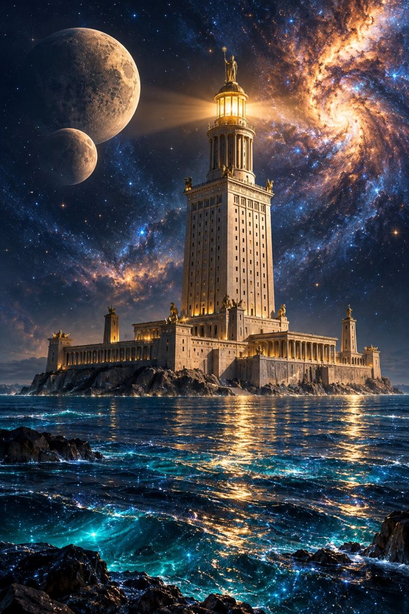 Architecture astronomie batiment celeste ville classique concept construction design fantastique fictif imaginaire sculpture temple village monde Un grand phare de style ancien se dresse majestueusement sur une île rocheuse au milieu d'un vaste océan. Le phare est haut et cylindrique, avec une lumière rougeoyante au sommet qui projette une lumière chaude et dorée sur les environs. La structure est ornée de statues et de sculptures complexes, ce qui lui confère un aspect royal et intemporel. À l'arrière-plan, deux grandes lunes pendent dans le ciel nocturne, l'une pleine et l'autre partiellement illuminée, projetant une douce lueur éthérée. L'océan est calme et sombre, avec de douces vagues qui clapotent les rochers. Le ciel est rempli d'étoiles et d'une galaxie tourbillonnante, ce qui ajoute à l'atmosphère mystique et surnaturelle de la scène.