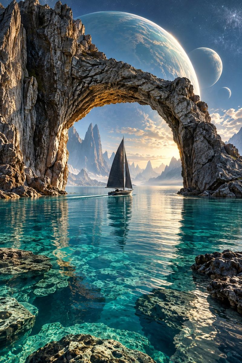 Boat water sky rock sea planet sun sunlight sunrise sunset cloud mountain reflection sail sailing ship vessel A sailboat glides through a serene, crystal-clear body of water, framed by a natural rock archway. The water is calm, reflecting the sky and the surrounding rocks. The archway is made of rugged, gray rocks, with a large, smooth rock forming the arch's top. In the background, there are distant mountains and two large, glowing planets in the sky, one of which is partially eclipsed by the arch. The sky is a mix of blue and white, with a few scattered clouds.