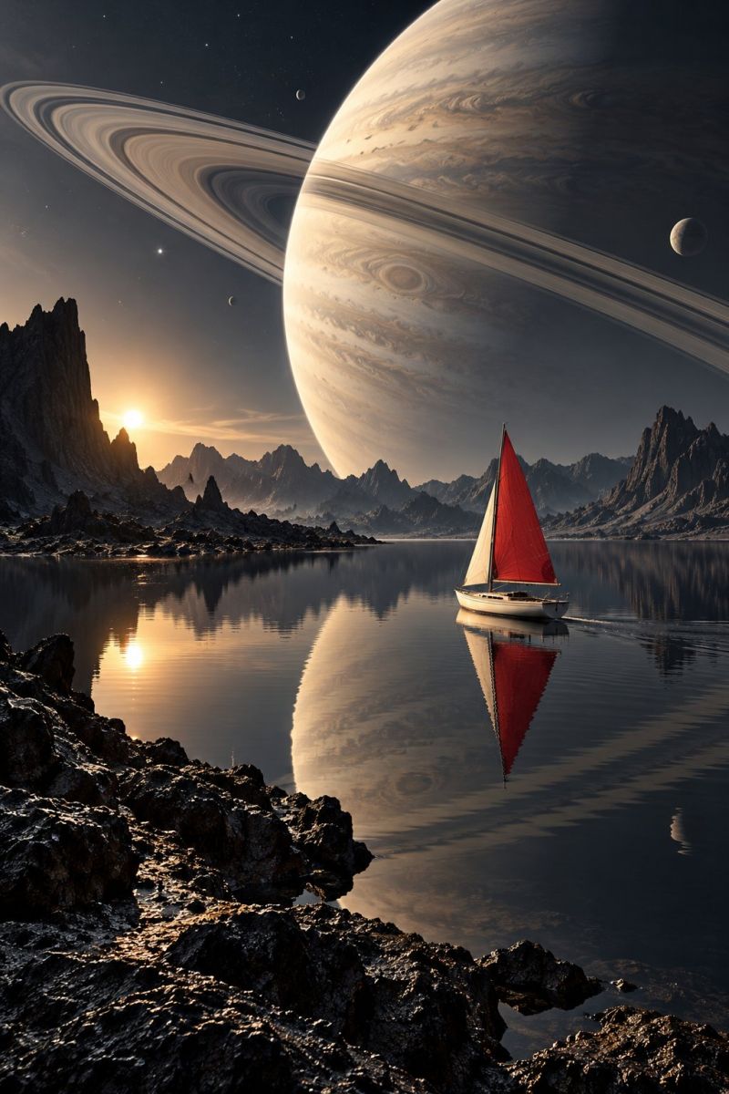 Espace planete astronomie univers cosmos celeste galaxie etoile lune engin spatial astrophysique astrophotographie solaire systeme exploration Au premier plan, un voilier à voile rouge glisse sur un plan d'eau calme et réfléchissant. Le reflet du voilier se reflète sur la surface de l'eau, créant une image symétrique. L'eau est sombre, avec de subtiles ondulations indiquant un mouvement doux. Sur le côté gauche, des rochers déchiquetés sortent de l'eau, leurs arêtes vives captant la lumière. À l'arrière-plan, une planète massive aux anneaux proéminents domine la scène, accompagnée de petites lunes et de corps célestes éparpillés dans le ciel. Le ciel passe d'un bleu profond à une teinte plus claire près de l'horizon, là où le soleil se couche, projetant une lueur chaude sur le paysage. Les montagnes et les terrains rocheux sont visibles au loin, ce qui ajoute à ce vaste décor surnaturel.