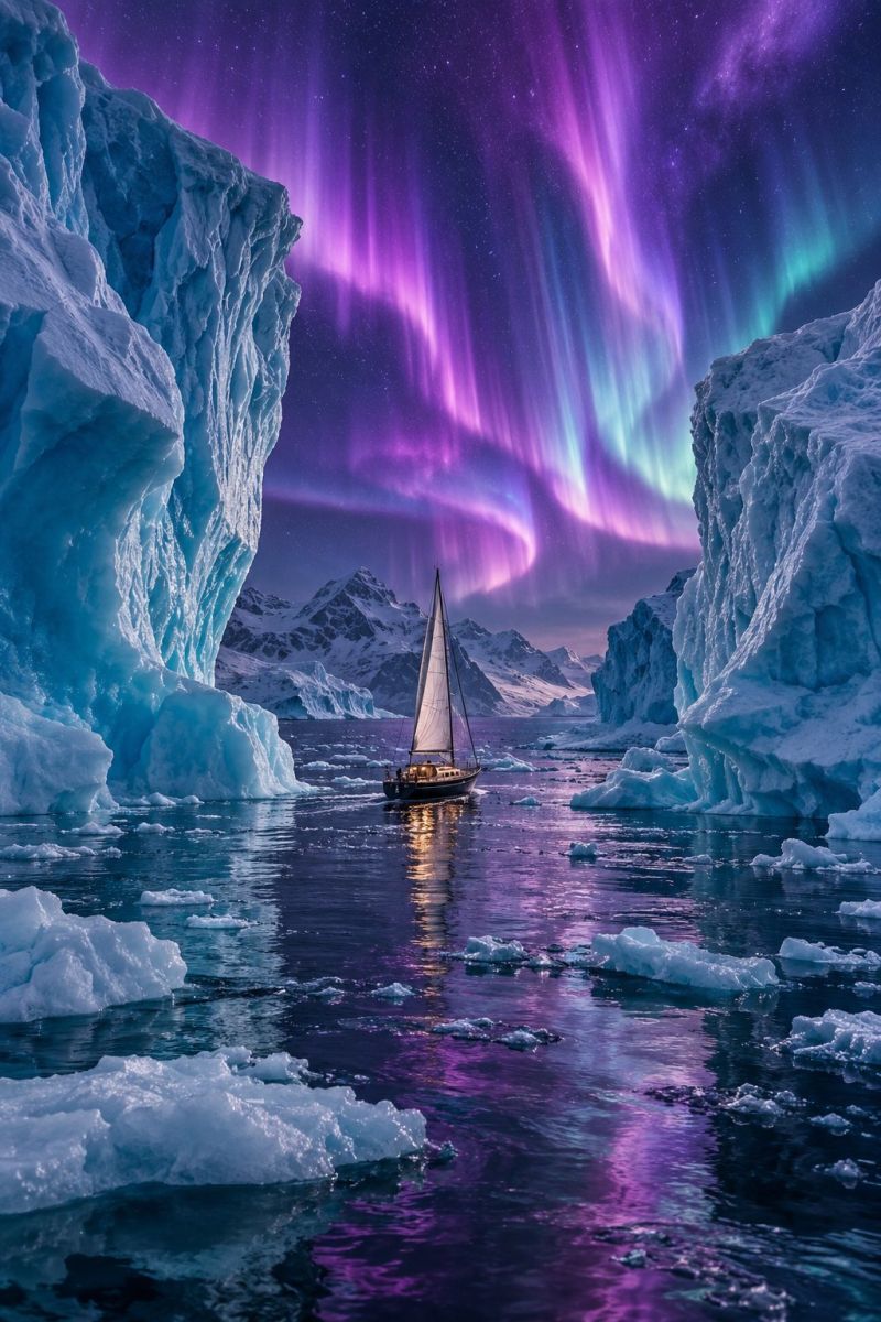 Bateau eau glace nuit ciel aurore reflet montagne mer glacier fjord fjords fjordland Un voilier traverse un passage étroit entre deux grandes falaises glacées. L'eau est calme et le ciel est rempli d'aurores boréales vibrantes et colorées dans des tons de violet, de vert et de rose. Les aurores boréales illuminent les falaises glacées, projetant une lueur magique sur la scène. Le voilier a un grand mât avec une voile blanche et il semble avancer. Au loin, il y a des montagnes enneigées.