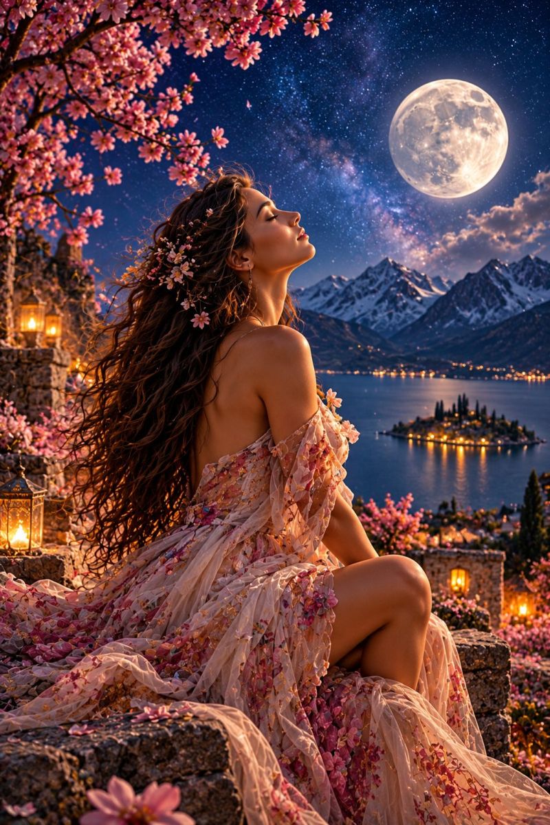 Woman dress night moon flowers mountains lake island lamps sky stars gazing fantasy dreamy romantic nature beauty inspiration cherry blossoms A woman with long curly hair is sitting on a stone wall, looking up at the night sky. She is wearing a flowing dress adorned with pink flowers and has flowers in her hair. Behind her, a cherry blossom tree with pink flowers is in full bloom. The sky is filled with stars, and a bright full moon illuminates the scene. In the distance, there is a serene lake with a small island and mountains covered in snow. The entire scene is bathed in a soft, magical glow.