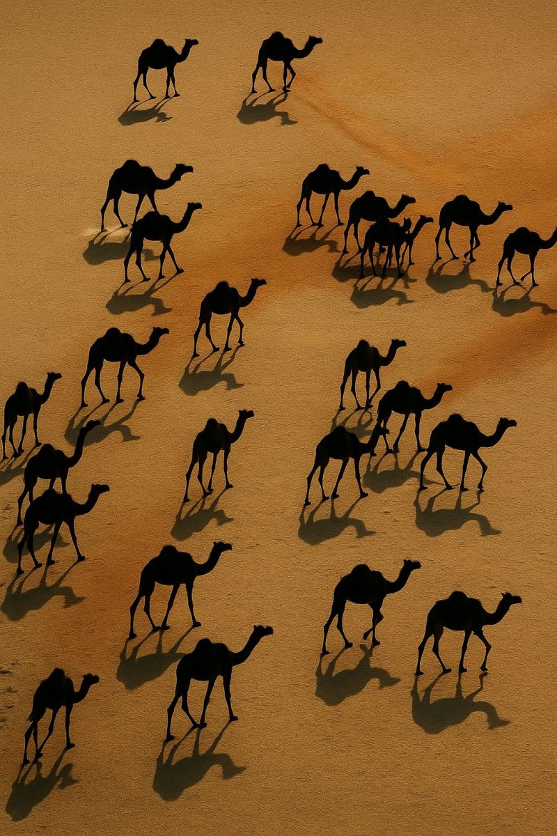 Camel desert animal wildlife sand journey herd travel expedition nature outdoors adventure exploration sunlight shadow group migration fauna a group of camels is walking in a desert. The camels are in various positions, some walking while others are standing. Their shadows are cast on the sandy ground, creating a pattern of dark shapes against the light brown sand. The camels are of different sizes, and some have humps on their backs. The scene is set in a vast, open area with no visible vegetation or structures.